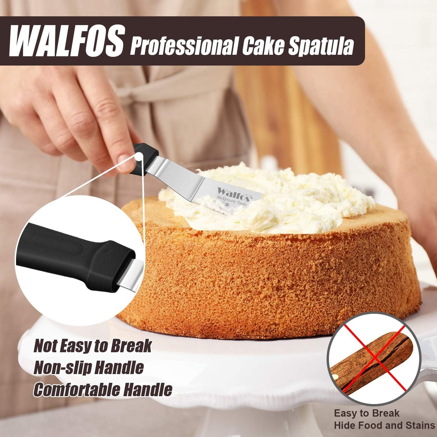 Walfos Icing Spatulas, Stainless Steel Cake Spatula with Sturdy and Durable Handle Cake Decorating Spatula Set of 2 - Multi purpose Use for Home, Kitchen or Bakery (6” & 8”)