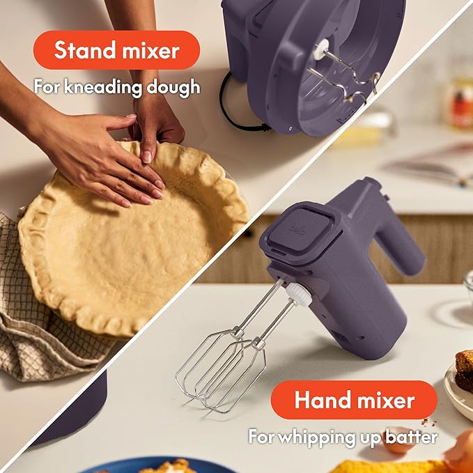 bella 3.5 Qt Hand & Stand Mixer, 2 in 1 Electric Mixer with Bowl, Dough Hook, Whisk & Egg Beater, Multifunctional Handheld Mixer for Baking, 200 Watt, Plum