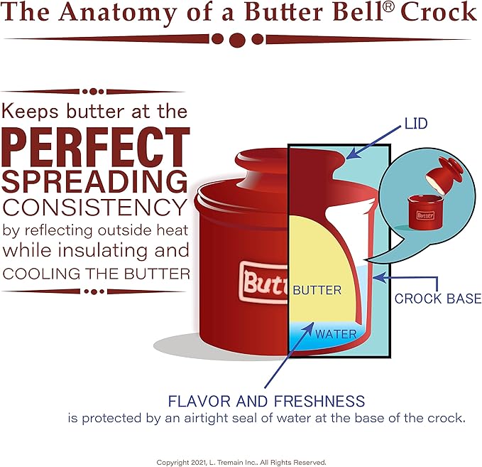 Butter Bell - The Original Butter Bell crock by L Tremain, a Countertop French Ceramic Butter Dish Keeper for Spreadable Butter, La Fleur Collection (White Raised Floral)