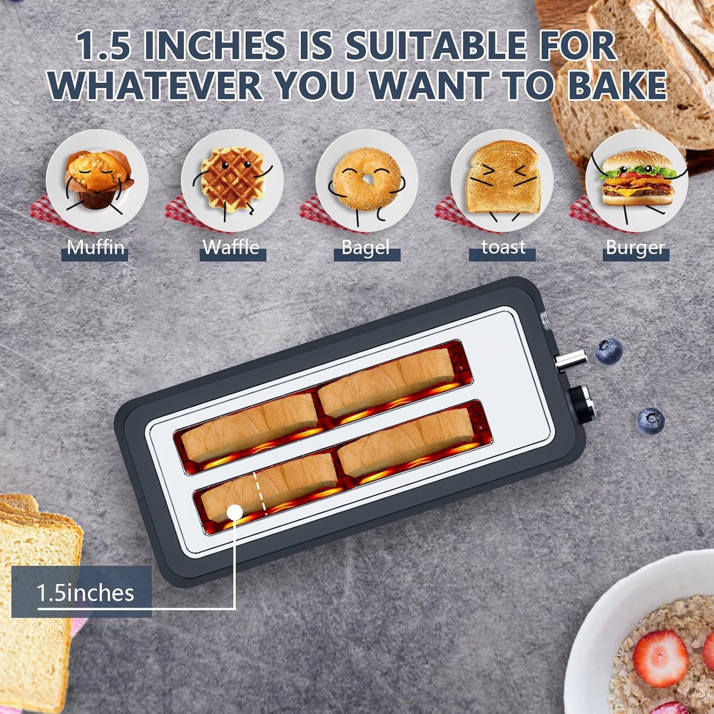 4-Slice Toaster, Extra Wide Long Slot Toaster with Warming Rack, 6 Browning Settings, Bagel/Defrost/Reheat Functions, Removable Crumb Tray, Stainless Steel Housing 1350W (2, Matte Blue)
