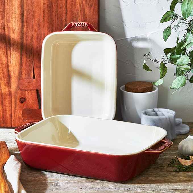 STAUB Ceramic Rectangular Baking Dish Set, 2 pc, Red