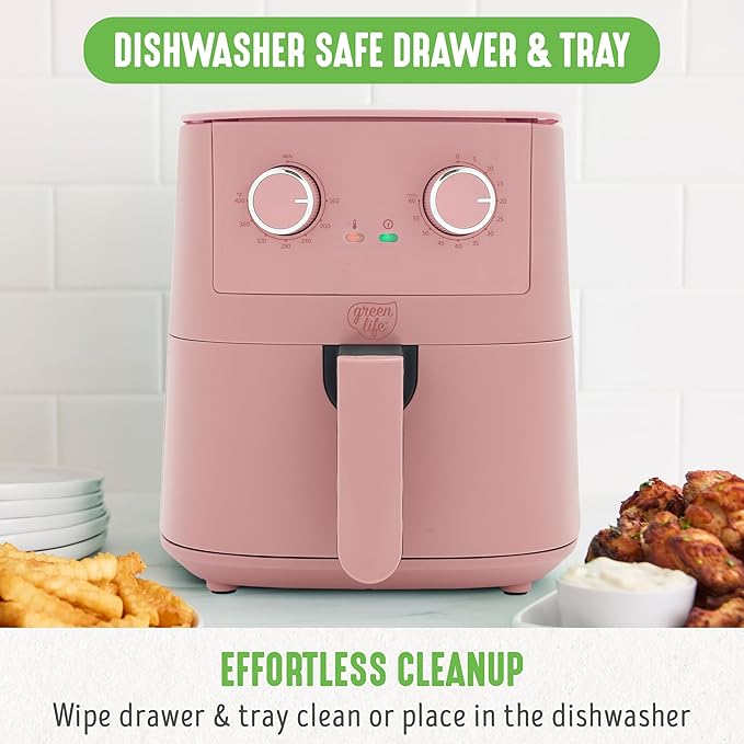 GreenLife 4.5QT Air Fryer, Mechanical Dial Controls, PFAS-Free Ceramic Nonstick Drawer, Adjustable Temp & Timer, LED Indicator, Oil-Less Cooking, Dishwasher Safe, Compact Family Size, Pink