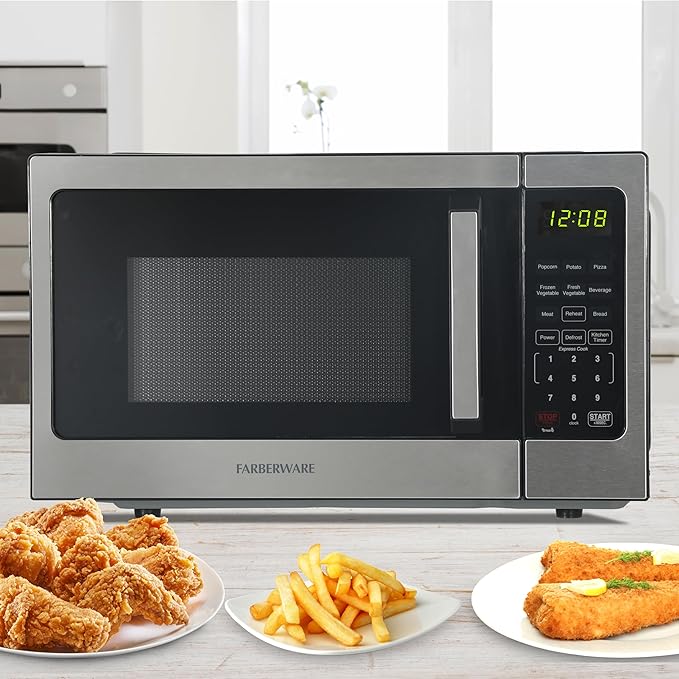 Farberware 0.9 Cu. Ft. Countertop Microwave Oven – 900 Watts Power, Auto Cook Settings, Defrost, Easy Clean and Child Safety Lock - Stainless Steel