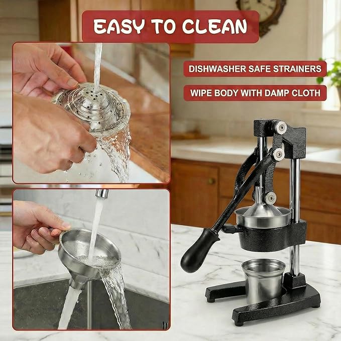 Cast Iron Juicer Hand Press - 13.8LB Heavy Duty Manual Citrus Orange Squeezer, 304 Stainless Steel Cup & Strainer, Professional Lemon Grapefruit Pomegranate Press for Home Bar Kitchen, Black