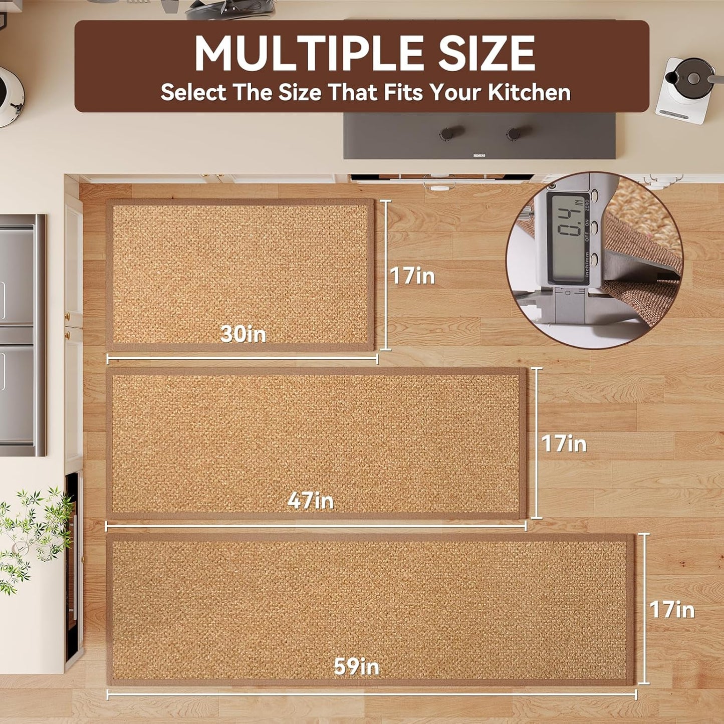 Kitchen Runner Rugs Non Slip Washable Anti Fatigue, Super Absorbent Long Cushioned Kitchen Mats for Floor, Jute-Look Woven Sink Mat Standing Mat for Floor, Office, Laundry, Brown 17"x59"