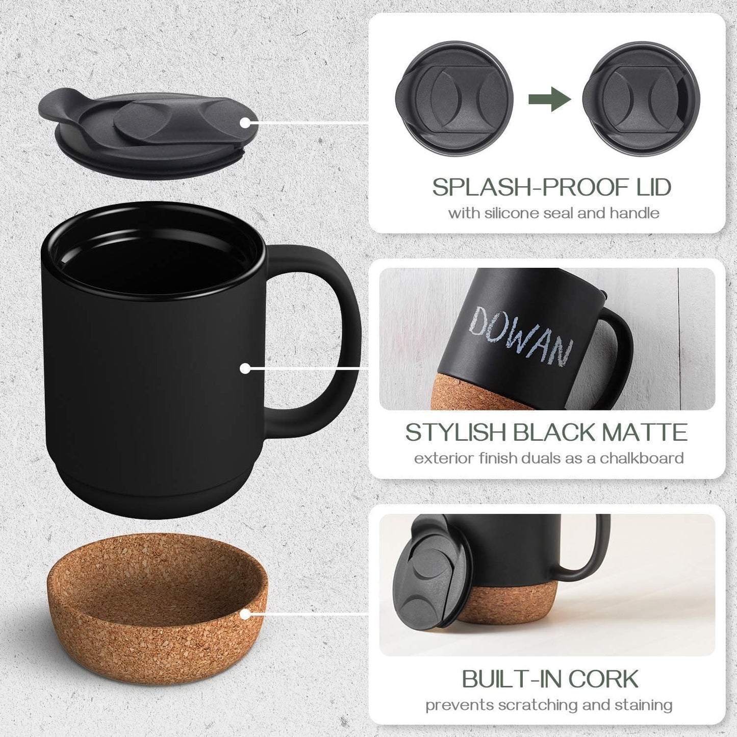 DOWAN Coffee Mugs, 15 oz Mug Set of 2, Large Ceramic Coffee Mug with Cork Bottom and Spill Proof Lid for Mom Dad, Big Mug for Latte Tea, Matte Grey
