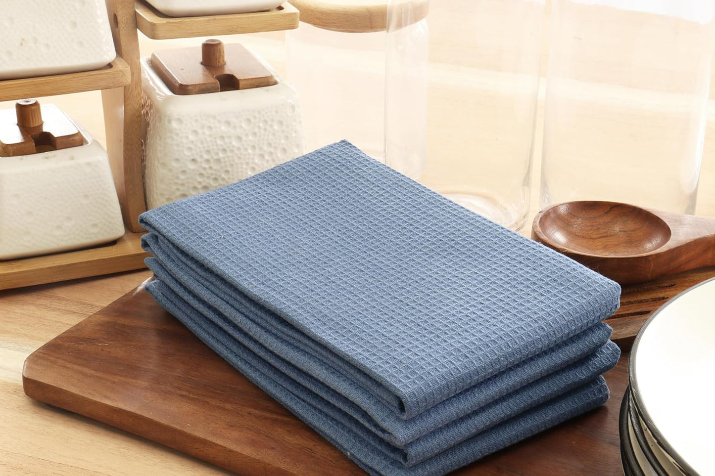 PurpleEssences Waffle Weave Kitchen Towel, 100% Cotton - 15 x 25 Inches, with Hanging Loop Ultra Soft Absorbent Quick Drying Dish Cloth, Tea and Hand Towels, 6 Pack - Spring Summer - Smoky Grey