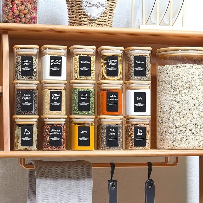 ComSaf Spice Jars with Labels 6 oz 12Pack, Small Spice Containers Starter Set, Glass Seasoning Jars with Lids, Square Seasoning Containers for Salt, Pepper, Chili Powder, Sugar, Ginger Ground, Cumin