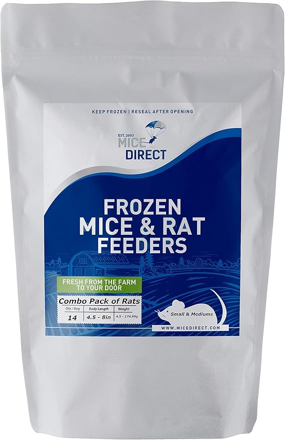 MiceDirect 14 Frozen Rat Combo Pack of Rat 7 Smalls and 7 Rat Mediums Feeders Snake Food for Ball Pythons and Reptiles (14 Count)(4.5-8 in)(910 Grams)