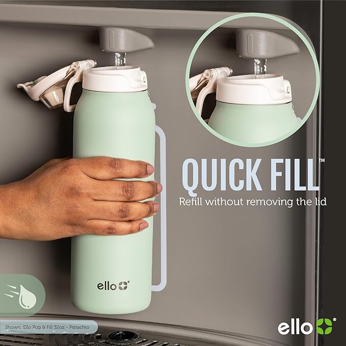 Ello Pop & Fill 32oz Stainless Steel Water Bottle with Quick Fill Technology, Double Walled and Vacuum Insulated Metal, Leak Proof Locking Lid, Sip and Chug, Reusable, BPA Free, Raincloud
