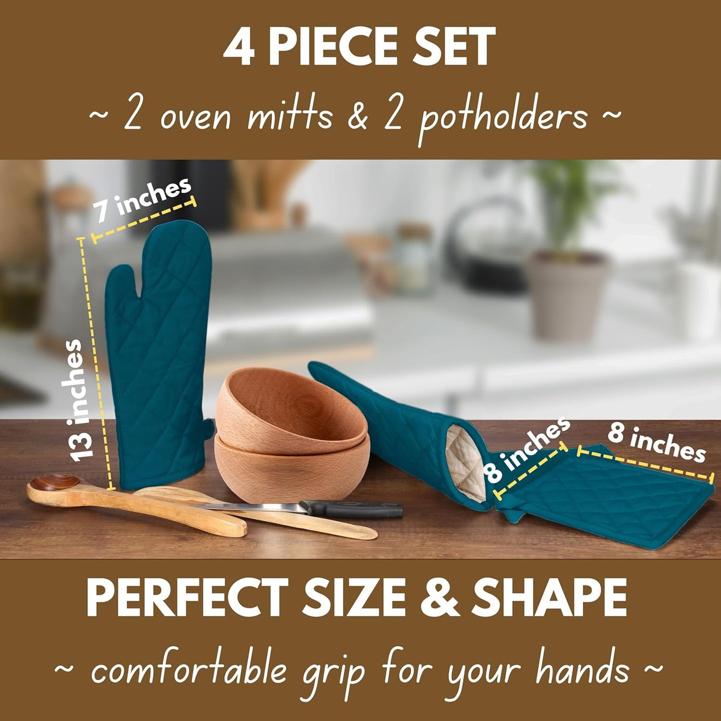 Native Fab Pot Holders and Oven Mitts Sets for Kitchen Heat Resistant - Hanging Non-Slip - 100% Cotton Kitchen Oven Mitts and Pot Holders 4 Piece Set - Teal