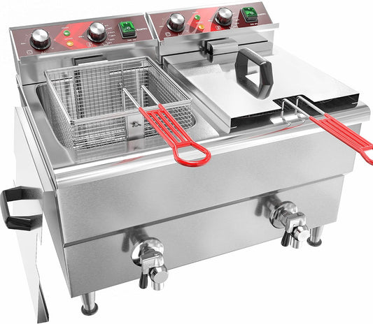 Commercial Fryer Stainless Steel Electric Deep Fryer with Oil Filtration and Timer 24L Large Capacity Dual Tank Fryer with Baskets and Lids Countertop Deep Fryer for Restaurant Use 120V 3500W
