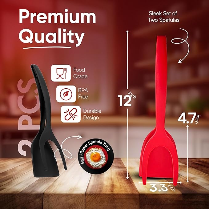 Egg Flipper Spatula Tongs (Set of 2) – Non-Stick 2-in-1 Grip & Flip Kitchen Tongs for Pancakes, Fish, Eggs, and More – Heat Resistant Cooking Tool (Black + Red)