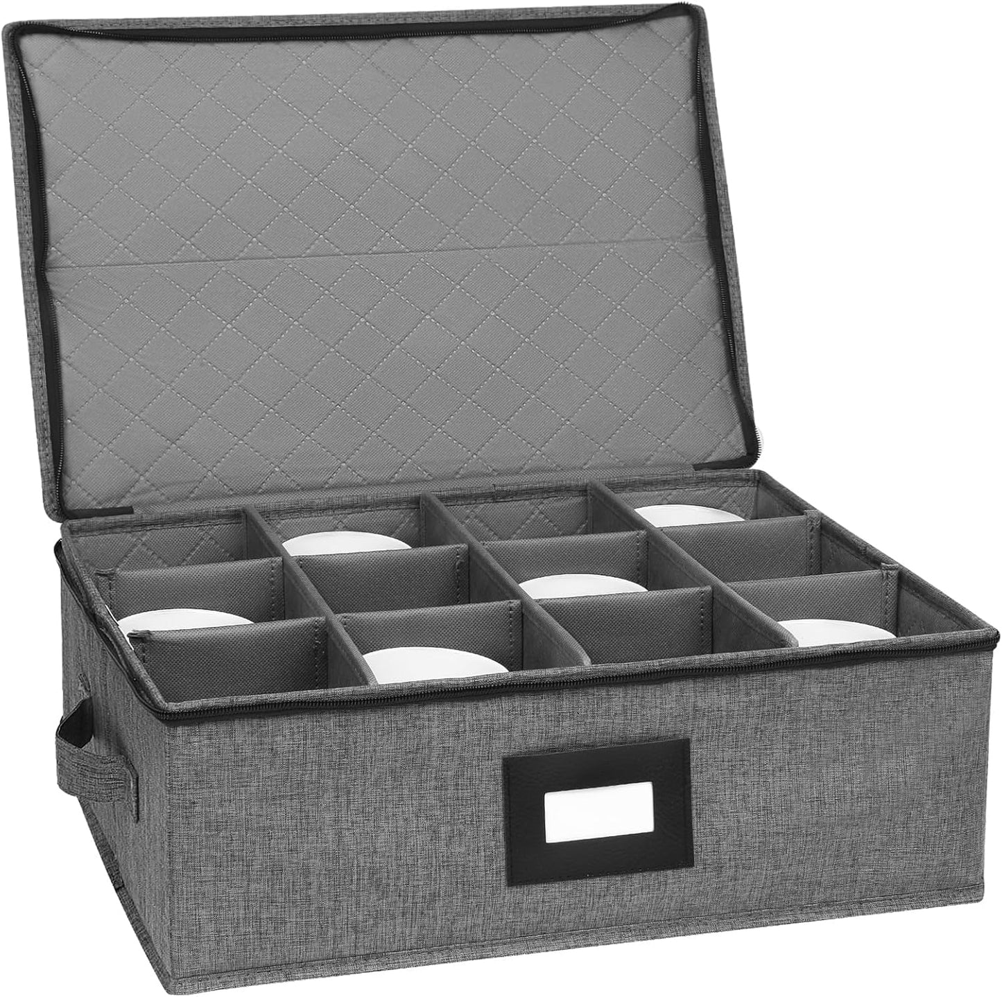 Mug Storage Box with Dividers, China Storage Containers for Tea Cups and Coffee Mugs with Zipper Lid and Rivet Reinforced Handles, Hard Shell and Stackable (Black)