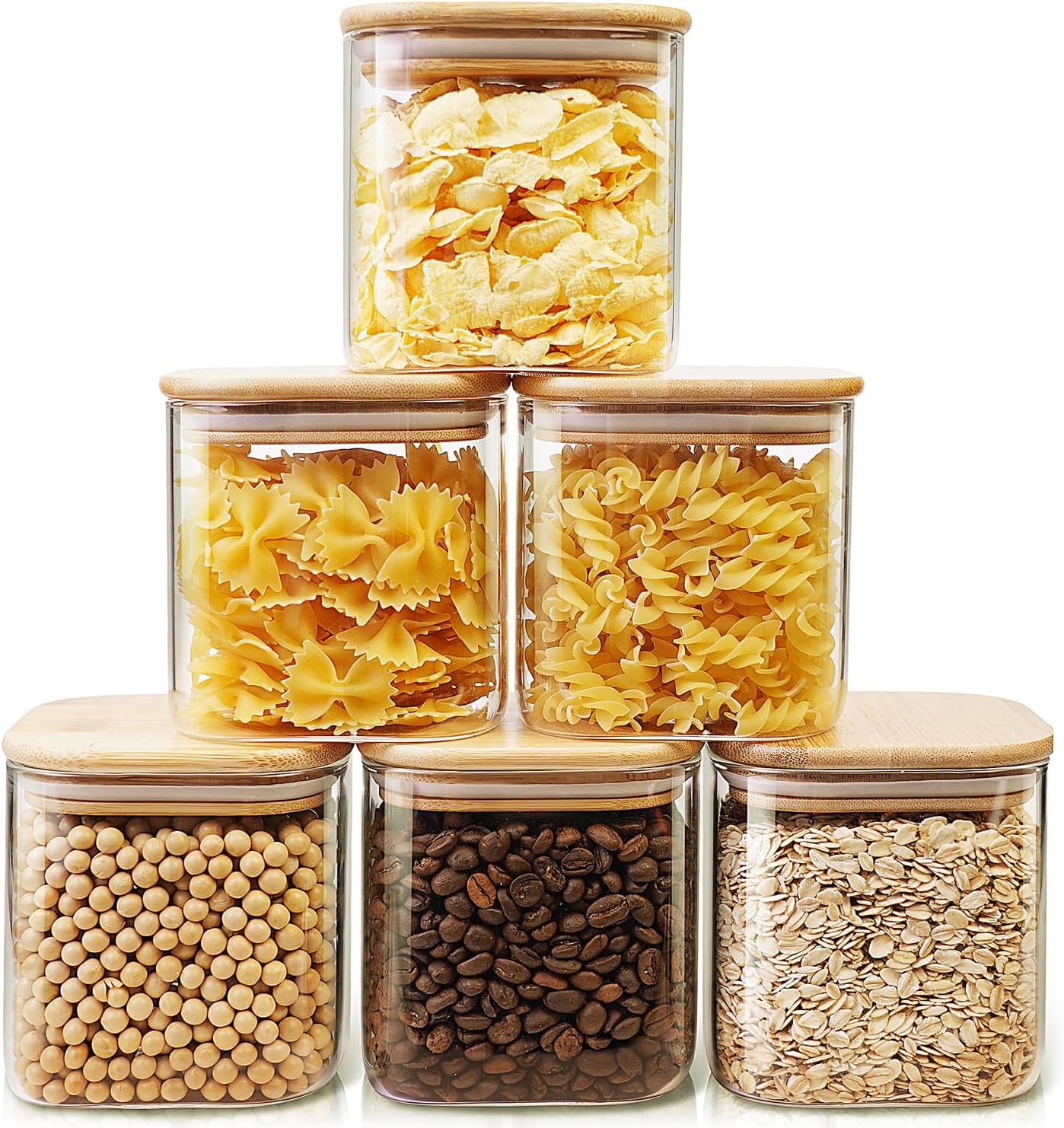 Square Glass Jars with Bamboo Lids 27 FL OZ [Set of 6], Glass Canisters with Airtight Lids, Glass Food Storage Containers for Coffee, Sugar, Tea, Candies, Cookies,Best for Kitchen & Pantry