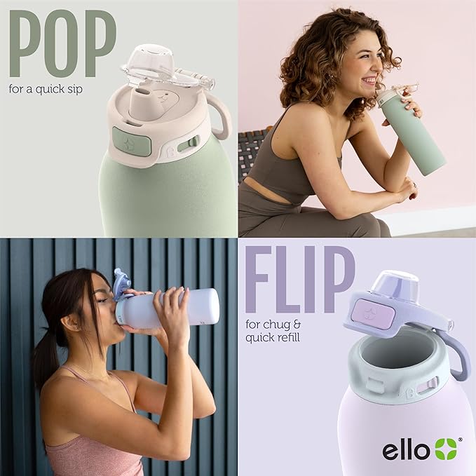 Ello Pop & Fill 22oz Stainless Steel Water Bottle with Quick Fill Technology, Double Walled and Vacuum Insulated Metal, Leak Proof Locking Lid, Sip and Chug, Reusable, BPA Free, Heavenly Hues