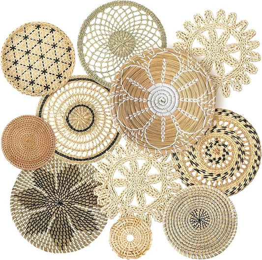 Tatuo 11 Pcs Boho Wall Basket Decor Bulrush Woven Wall Hanging Art Round Farmhouse Rustic Handmade Wicker for Summer Home, Bedroom, Living Room, Kitchen Decorations, Multi Sizes(Vivid)