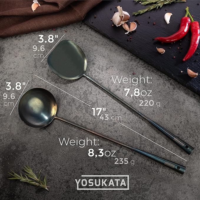 YOSUKATA Pre-Seasoned Wok Utensils Set - Blue Carbon Steel 17-inch Wok Spatula, Wok Ladle, 3 pairs Chopsticks - Durable Asian Cooking Tools