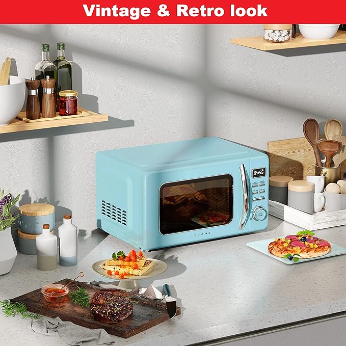 Galanz GLCMKZ09BER09 Retro Countertop Microwave Oven with Auto Cook & Reheat, Defrost, Quick Start Functions, Easy Clean with Glass Turntable, Pull Handle, 0.9 cu ft, Blue