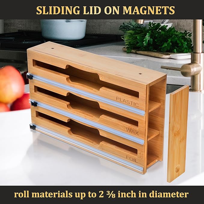 9 IN 1 Bamboo Foil and Plastic Wrap Organizer for Kitchen Drawer, Plastic Bag Organizer Organization and Storage, Food Storage Bag Organizer with Labels for Quart Gallon Snack Sandwich