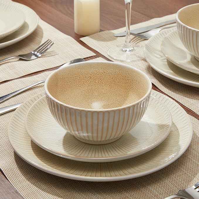 Ceramic Dinnerware Sets for 4, 12 Pieces Embossed Stoneware Plates and Bowls Sets, Scratch Resistant Dish Sets, Distinctive Granulated Surface, Housewarming Wedding Gift, Brown