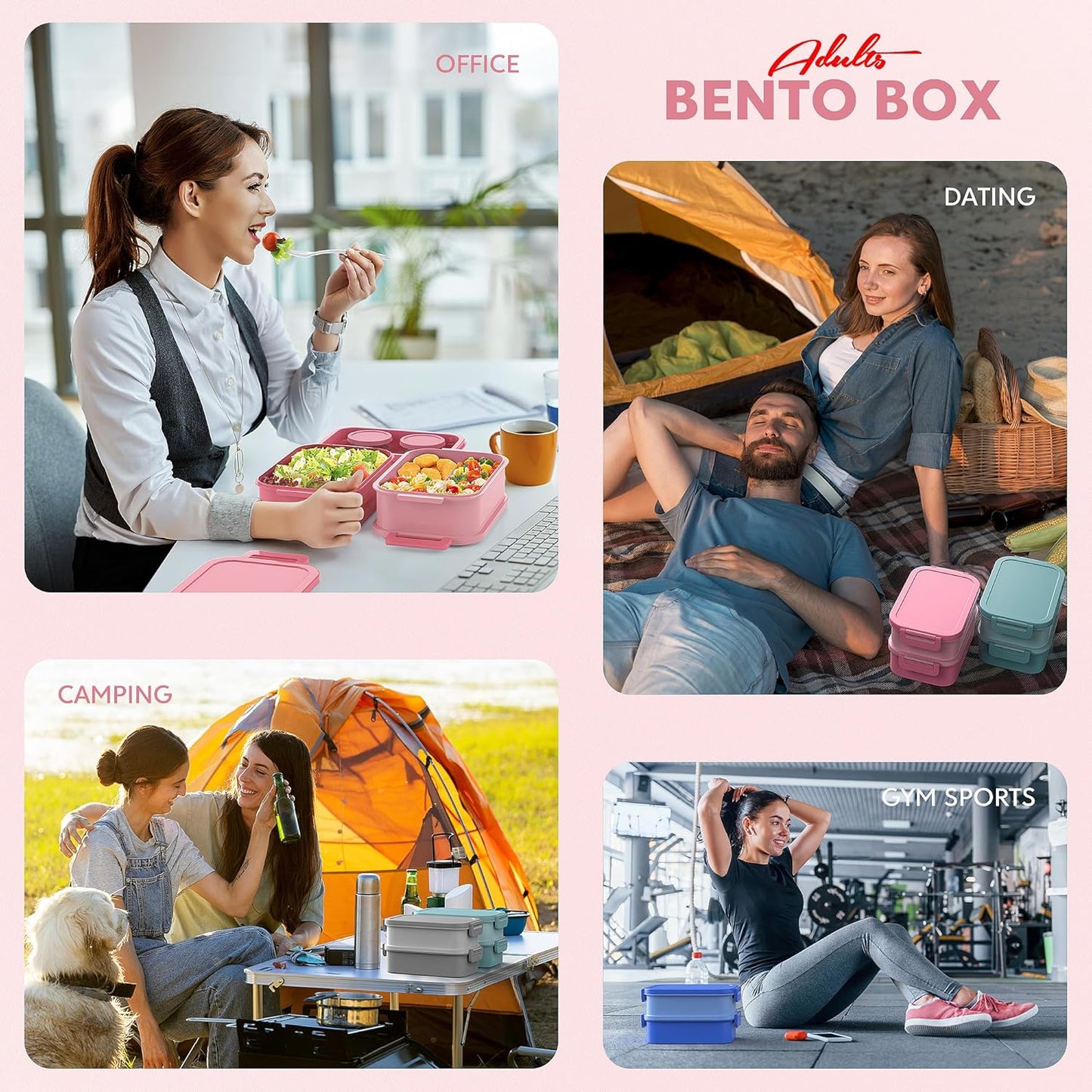 Jelife Bento Lunch Box for Adults - 3 Layers Leak-Proof Stackable Bento Box for Adults, 72oz Large-Style All-in-One Adult Lunchbox Bento Box with Utensil Accessories for Dining Out,Work, Pink