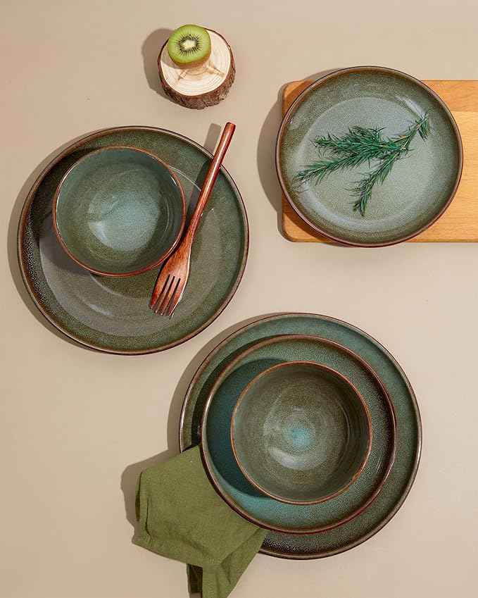 32 Piece Double Bowl Dinnerware Sets with Pasta Bowls, Highly Chip and Crack Resistant Plates and Bowls Sets, Natural Earthyware Ceramic Dishware Sets, Service for 8 Brown Green