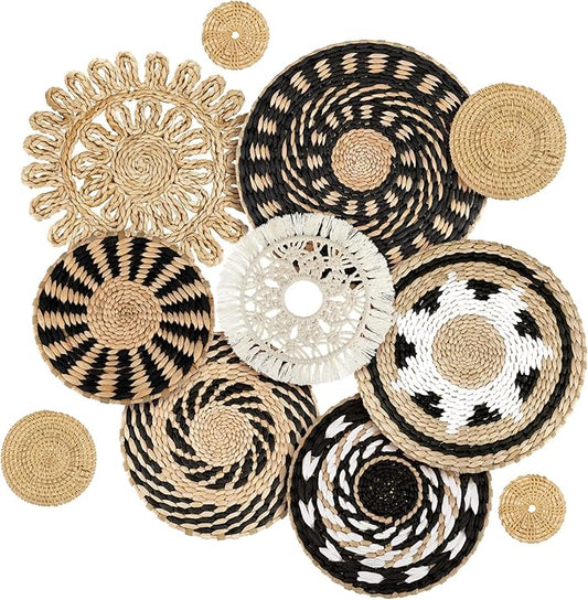 Tatuo 11 Pcs Boho Wall Basket Decor Bulrush Woven Wall Hanging Art Round Farmhouse Rustic Handmade Wicker for Summer Home, Bedroom, Living Room, Kitchen Decorations, Multi Sizes(Boho)