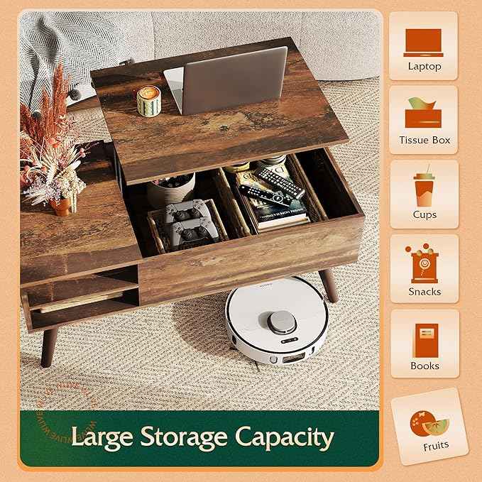 WLIVE Lift Top Coffee Table for Living Room,Small Coffee Table with Storage, Adjustable Shelf and Storage Compartment, Mid Century Modern Living Room Table, Wood, Rustic Brown
