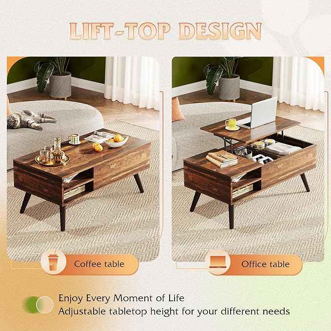 WLIVE Lift Top Coffee Table for Living Room,Small Coffee Table with Storage, Adjustable Shelf and Storage Compartment, Mid Century Modern Living Room Table, Wood, Rustic Brown