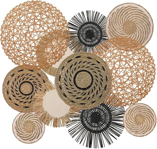 Tatuo 11 Pcs Boho Wall Basket Decor Bulrush Woven Wall Hanging Art Round Farmhouse Rustic Handmade Wicker for Summer Home, Bedroom, Living Room, Kitchen Decorations, Multi Sizes(Flower)
