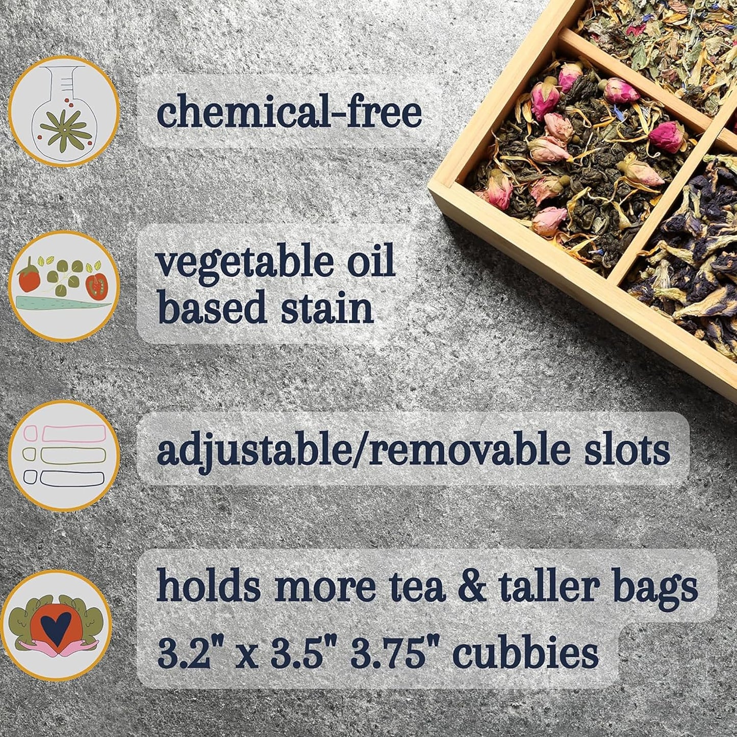 Bamboo Tea Organizer Box Chemical Free Eco-Friendly Big, Tall, Adjustable Cubbies Natural Wooden Storage Chest (4-Slot Across 14.3" x 4.4" x 4.2" with Tea Leaf design)